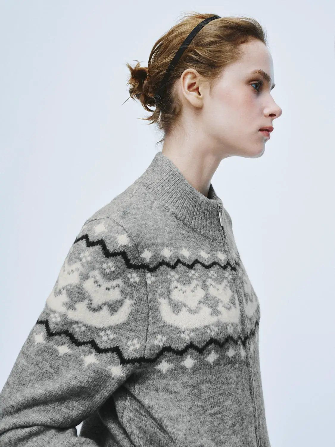Zip Front Fair Isle Mock Neck Long Sleeve Cardigan