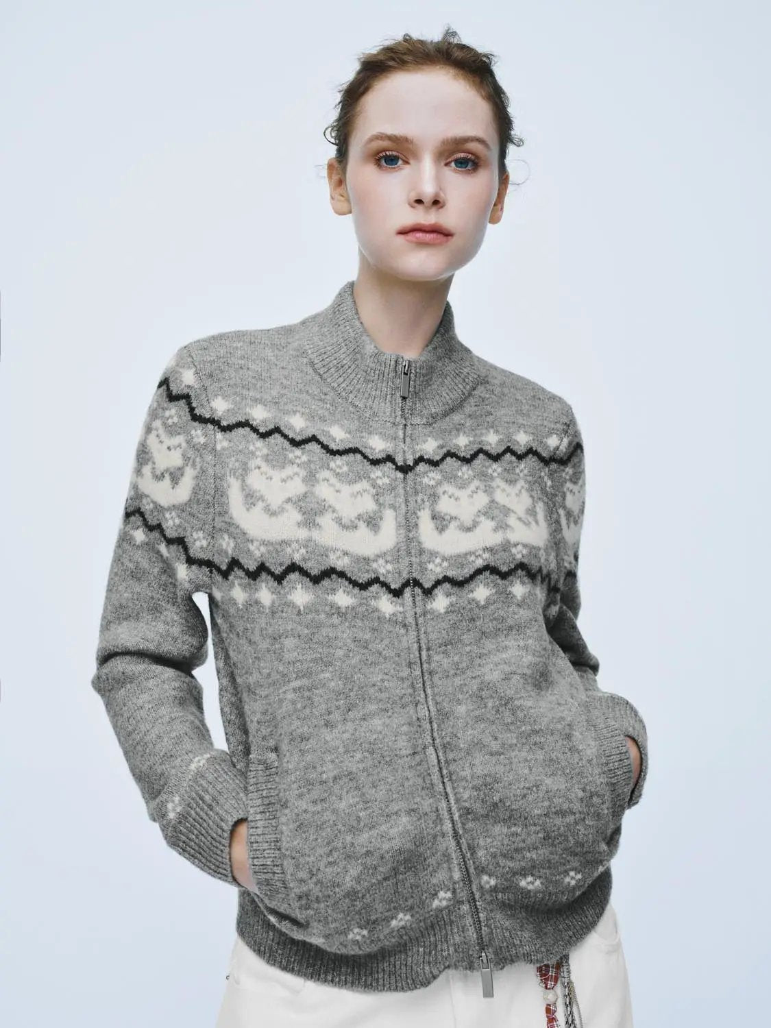 Zip Front Fair Isle Mock Neck Long Sleeve Cardigan