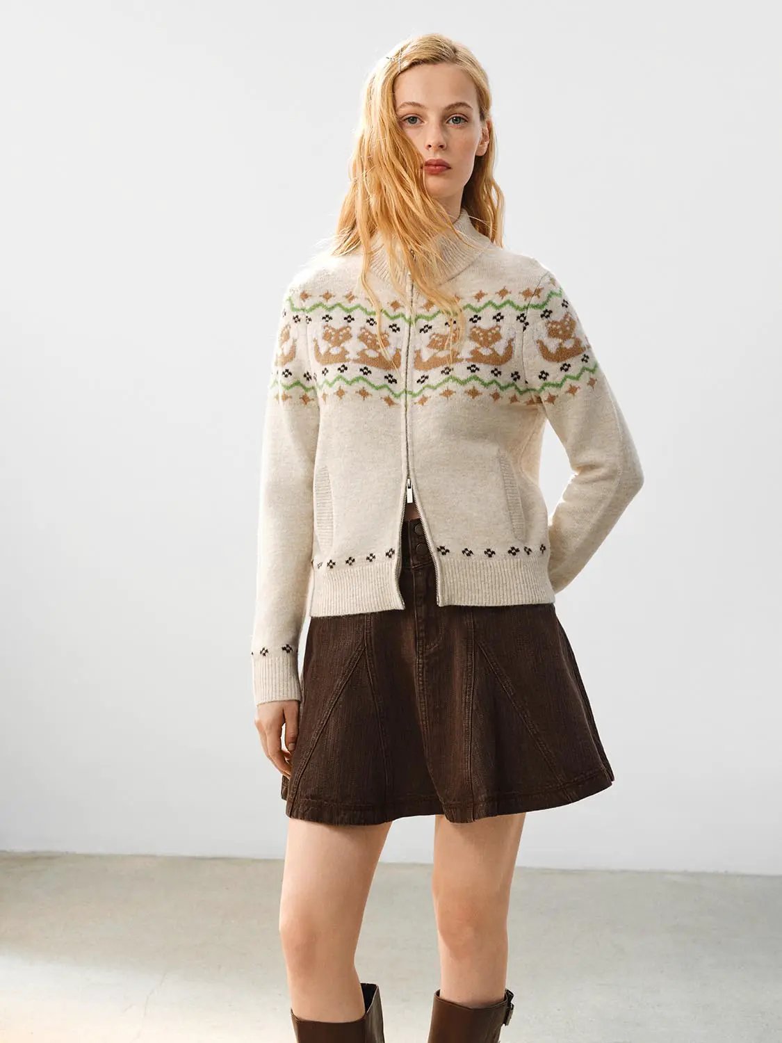Zip Front Fair Isle Mock Neck Long Sleeve Cardigan