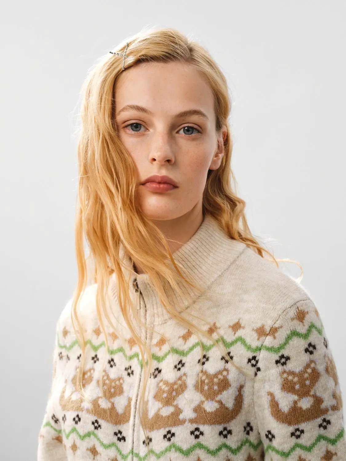Zip Front Fair Isle Mock Neck Long Sleeve Cardigan