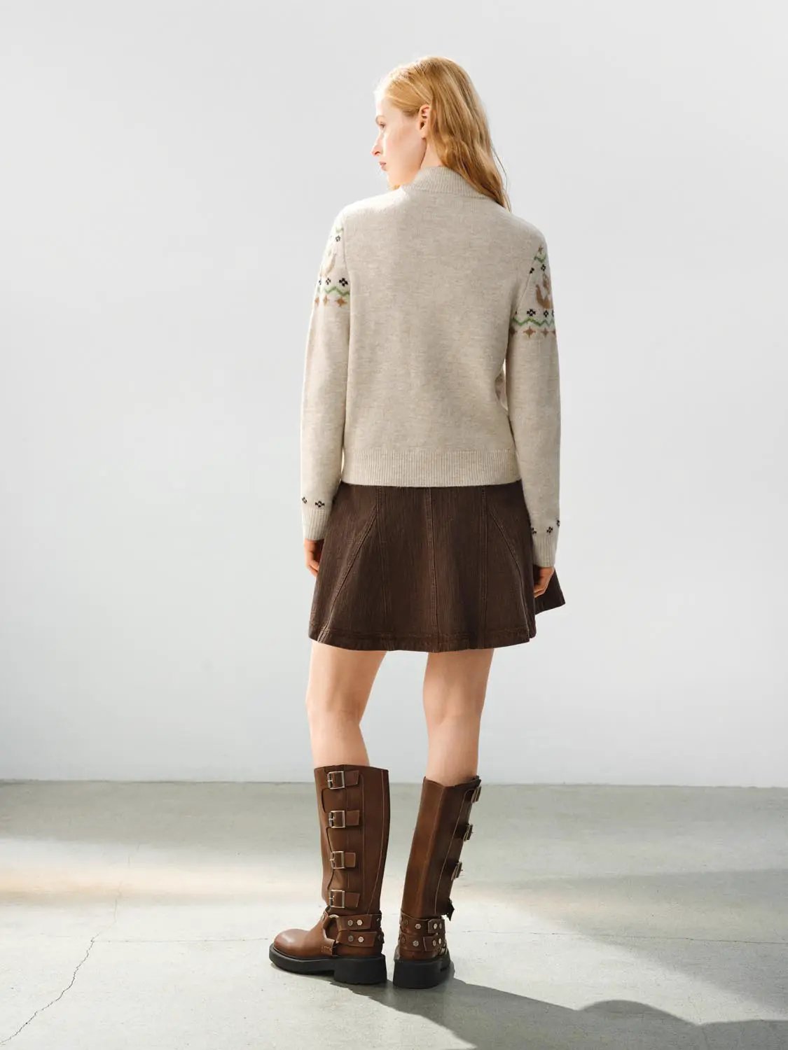 Zip Front Fair Isle Mock Neck Long Sleeve Cardigan