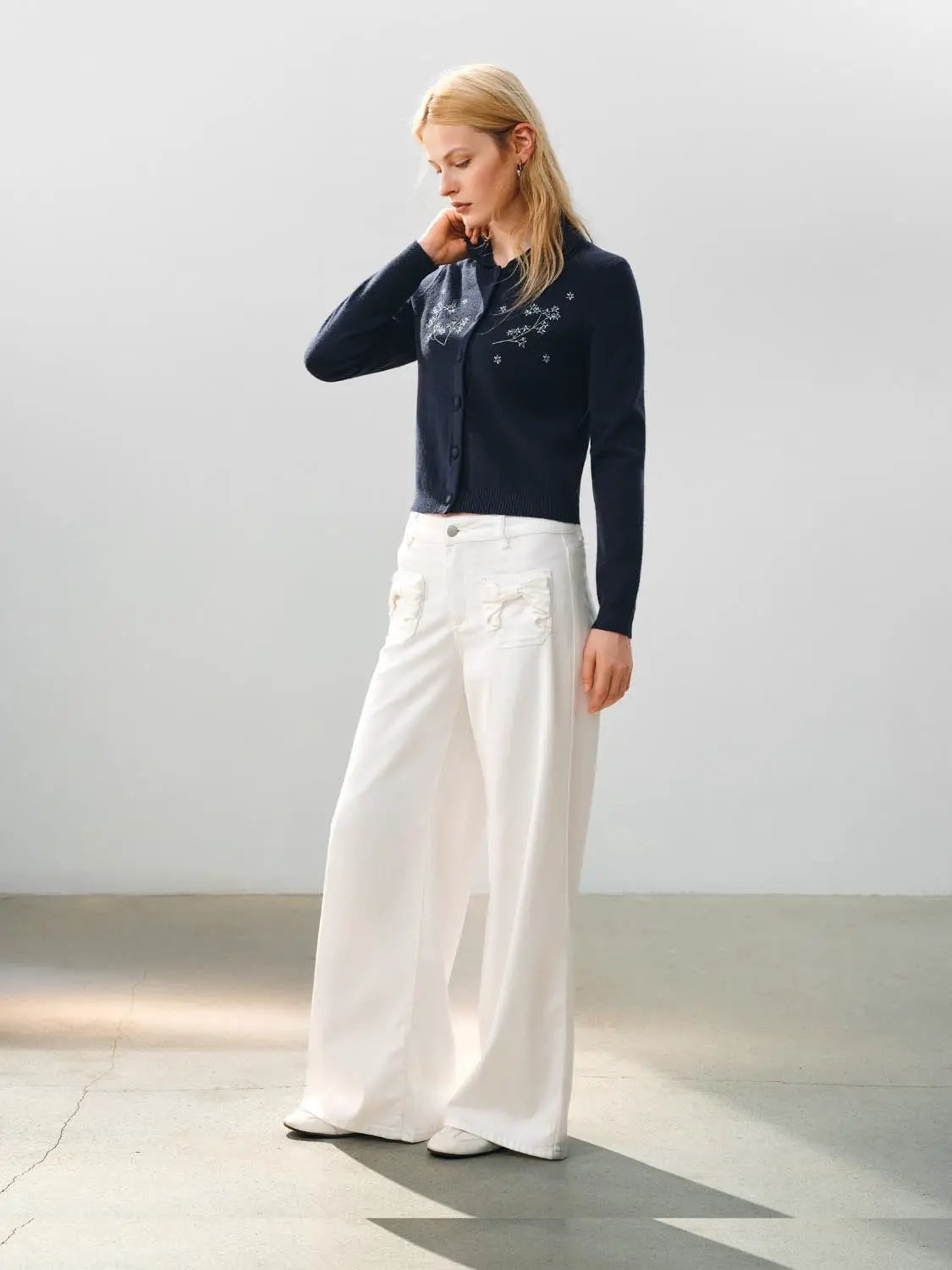 Embroidered Floral Ribbed Mock Neck Long Sleeve Cardigan