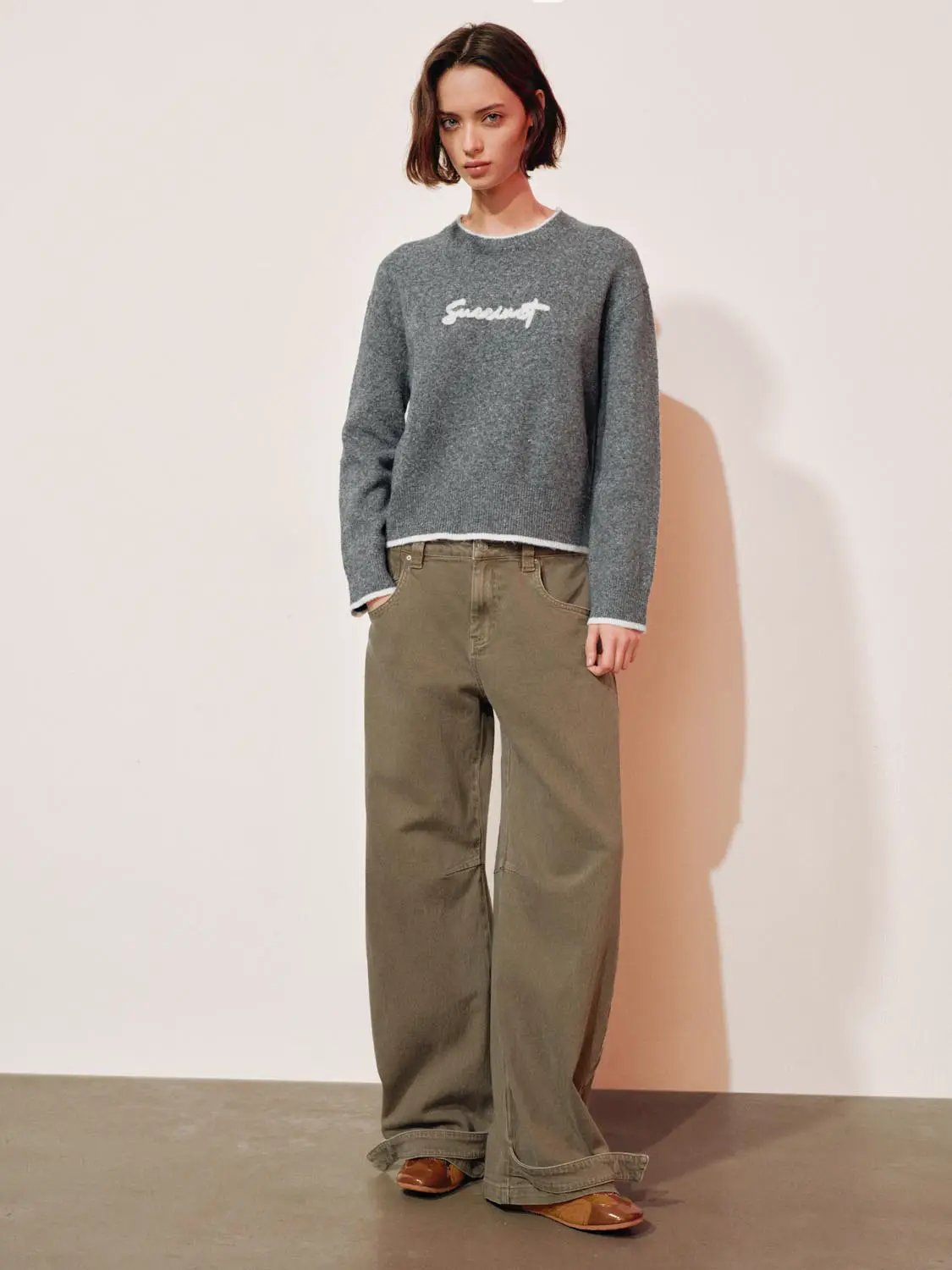 Text Logo Crew Neck Long Sleeve Knit Sweater