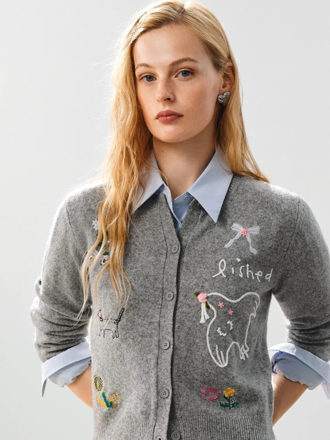 Embroidered Heather Long Sleeve Knit Cardigan