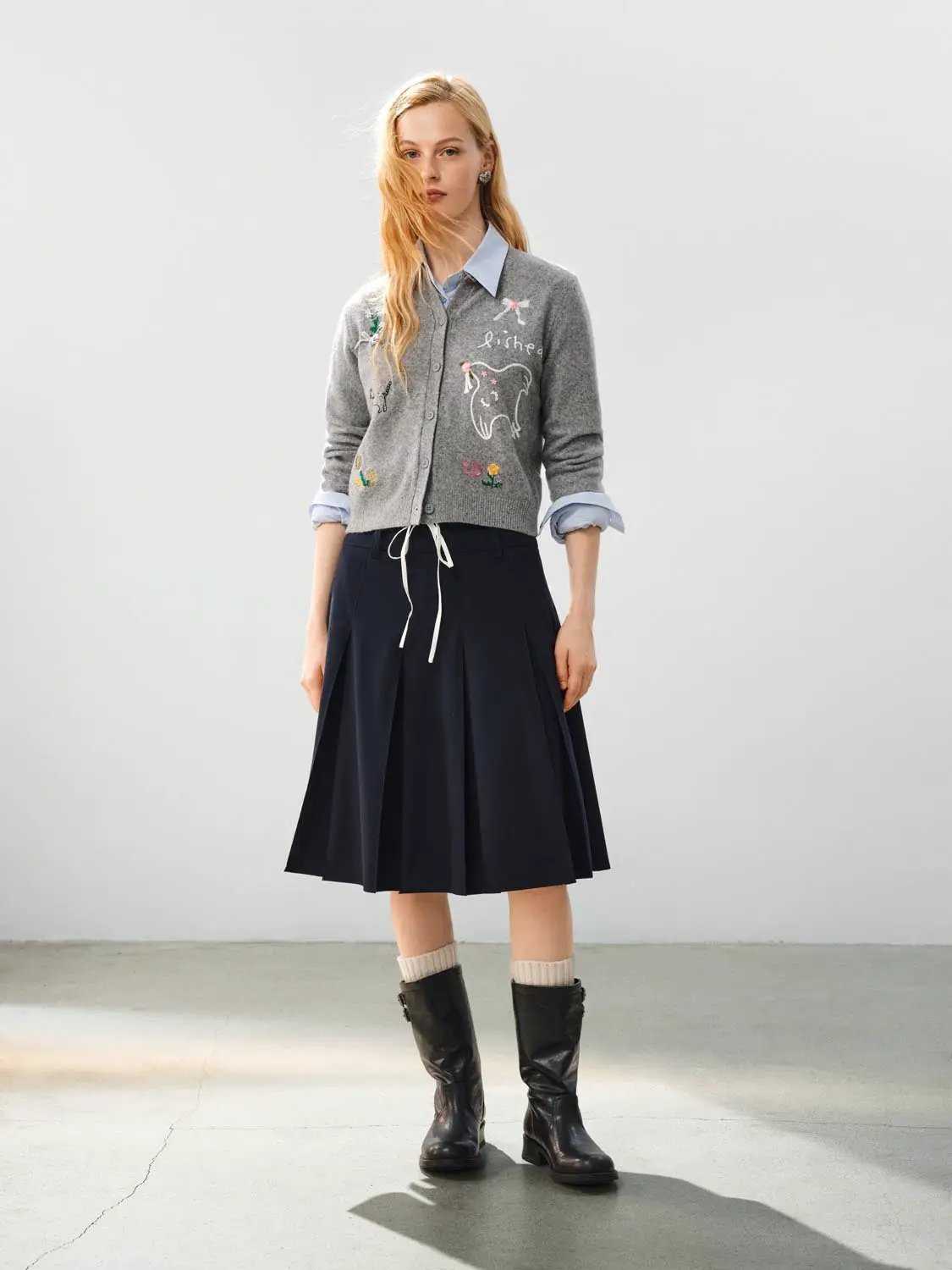 Embroidered Heather Long Sleeve Knit Cardigan