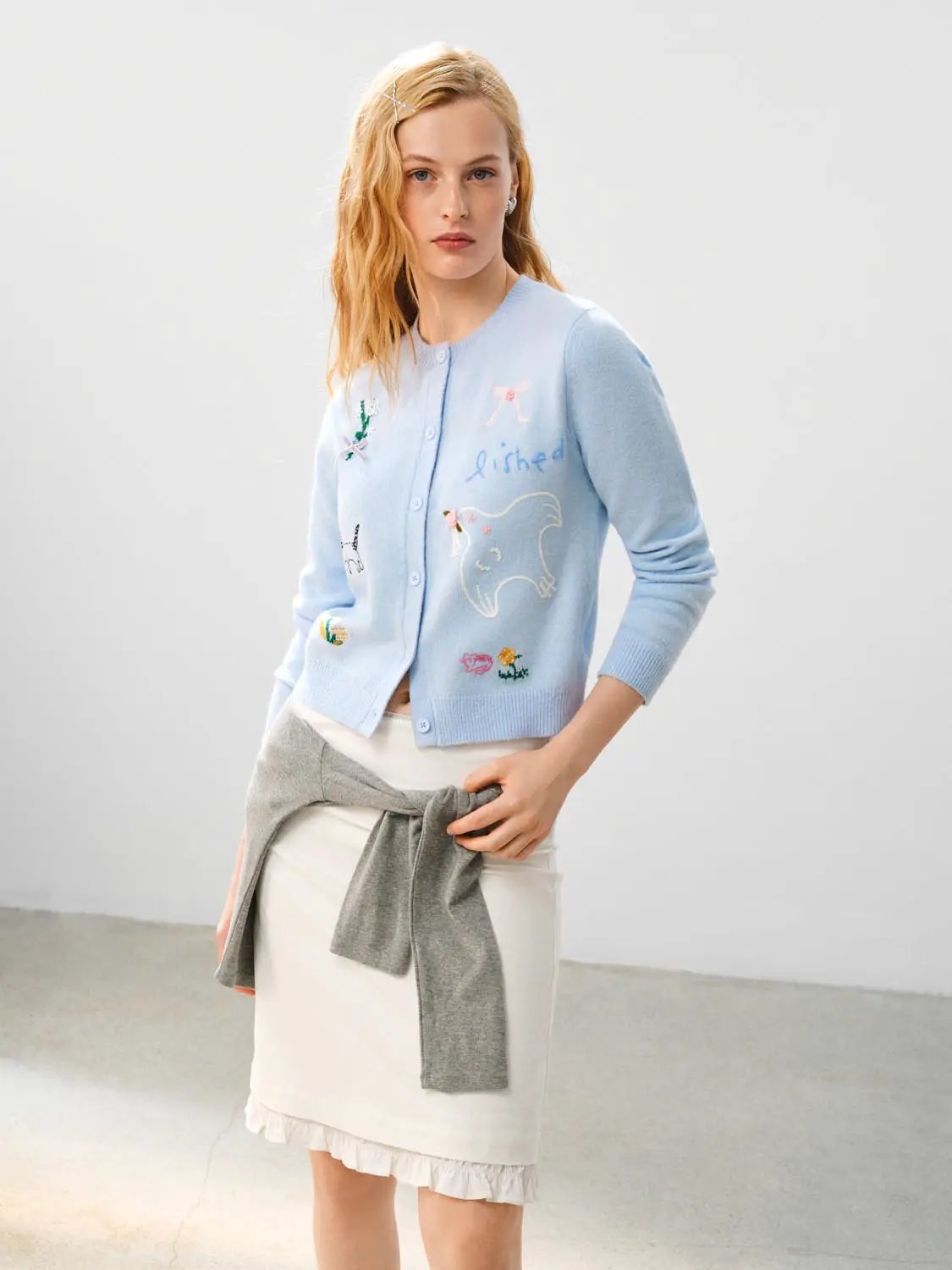 Embroidered Heather Long Sleeve Knit Cardigan