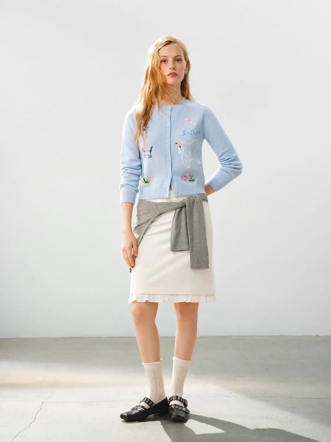 Embroidered Heather Long Sleeve Knit Cardigan