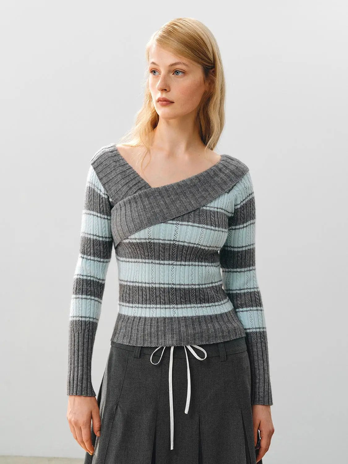 Striped Wrap Front Long Sleeve Ribbed Knit T-Shirt