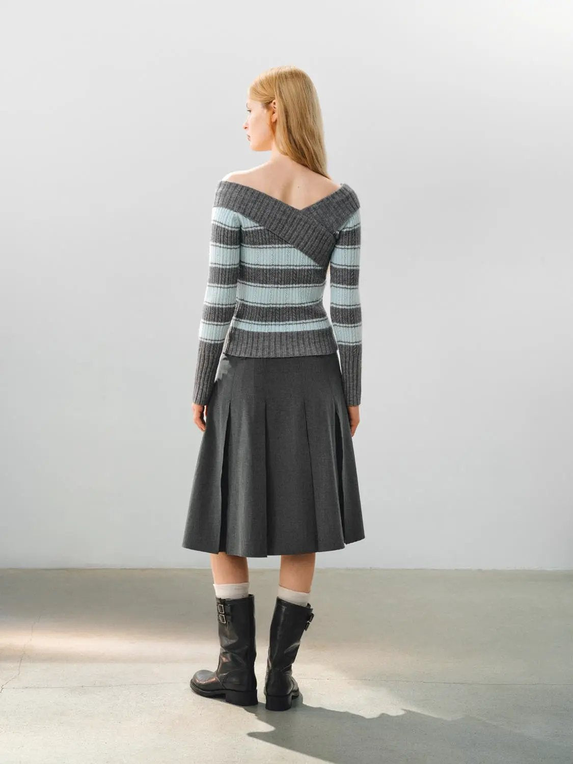 Striped Wrap Front Long Sleeve Ribbed Knit T-Shirt