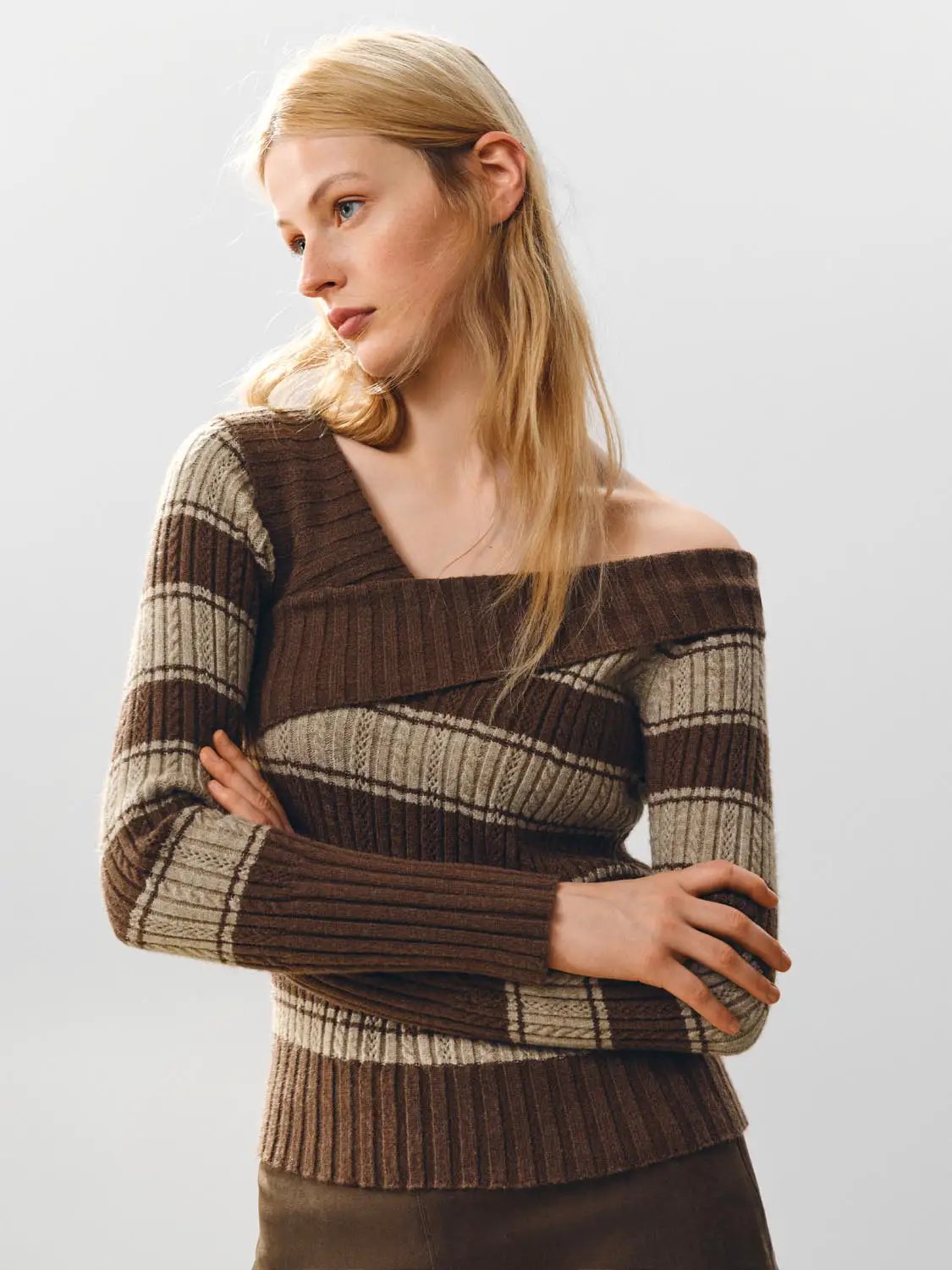 Striped Wrap Front Long Sleeve Ribbed Knit T-Shirt