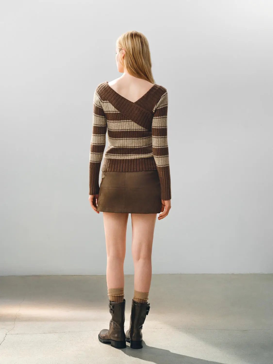 Striped Wrap Front Long Sleeve Ribbed Knit T-Shirt