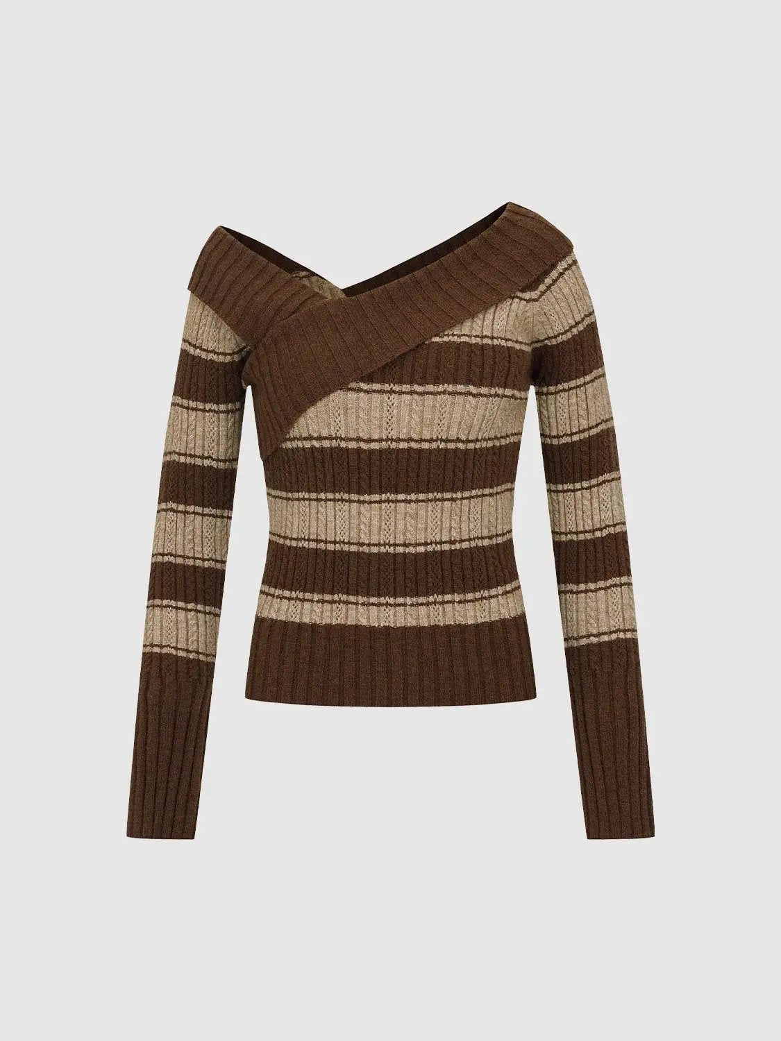 Striped Wrap Front Long Sleeve Ribbed Knit T-Shirt