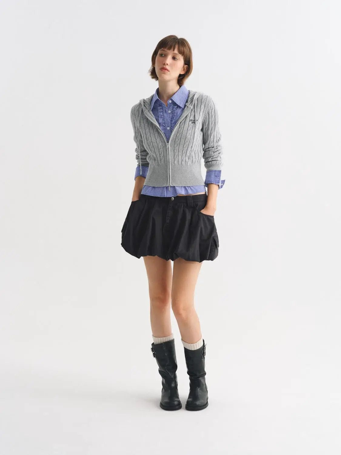 Cable Knit Hooded Long Sleeve Cotton Jacket