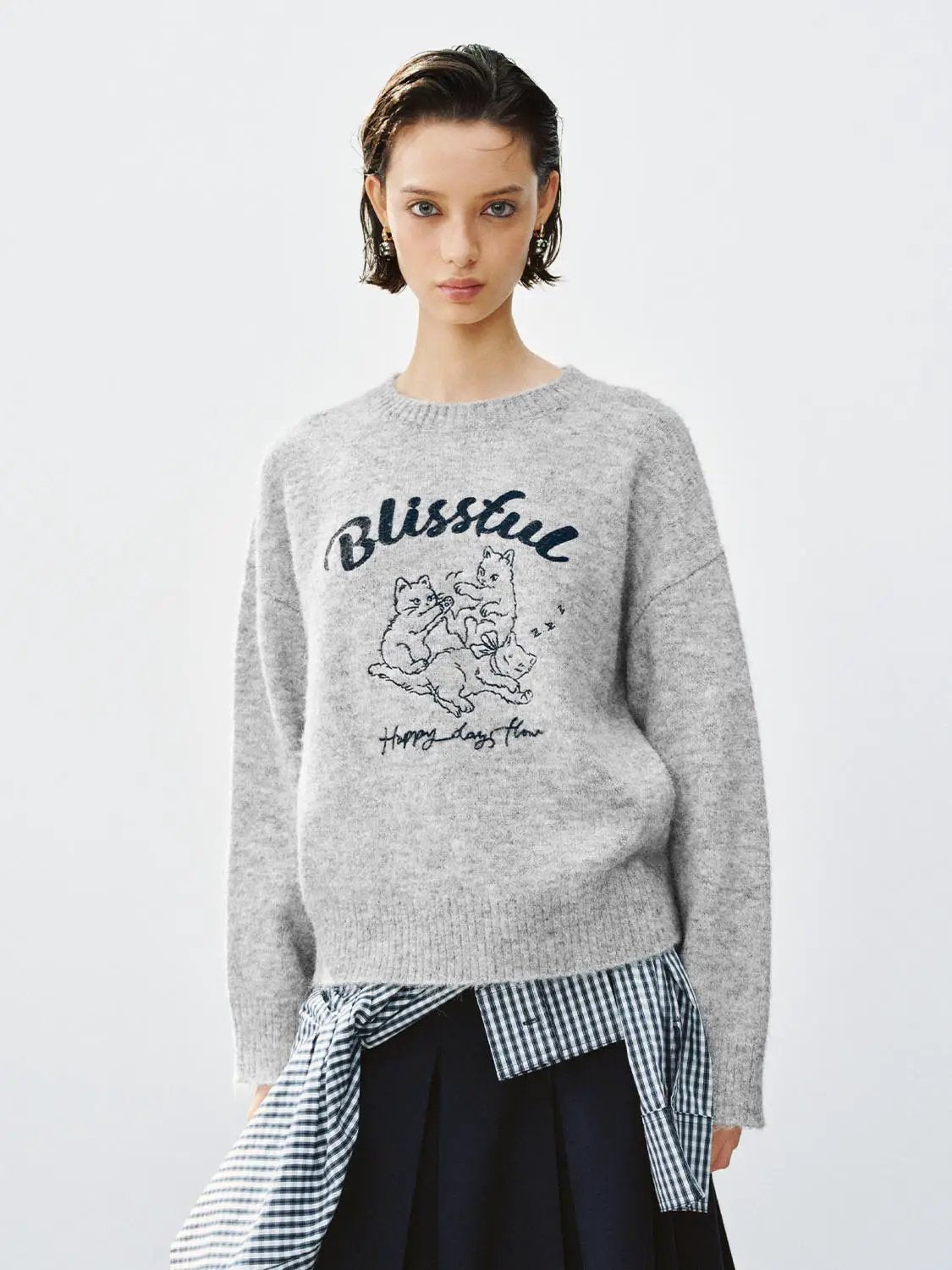 Graphic Print Crew Neck Long Sleeve Knit Sweater