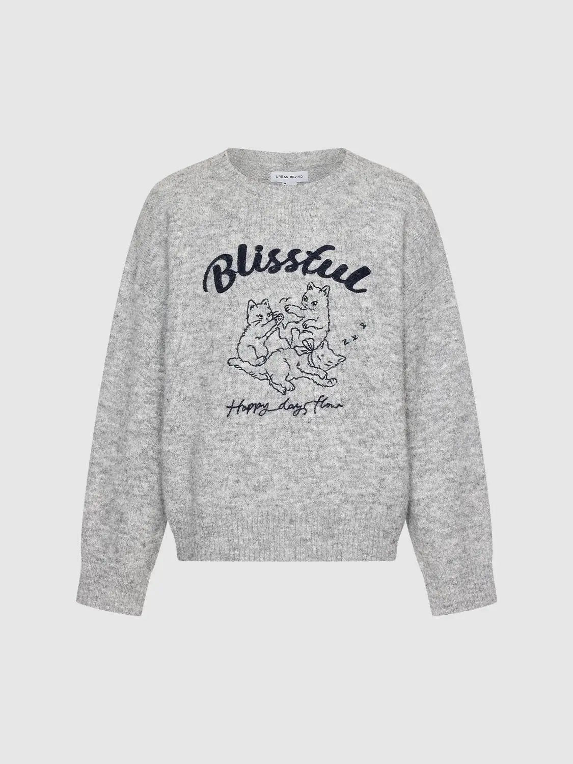 Graphic Print Crew Neck Long Sleeve Knit Sweater