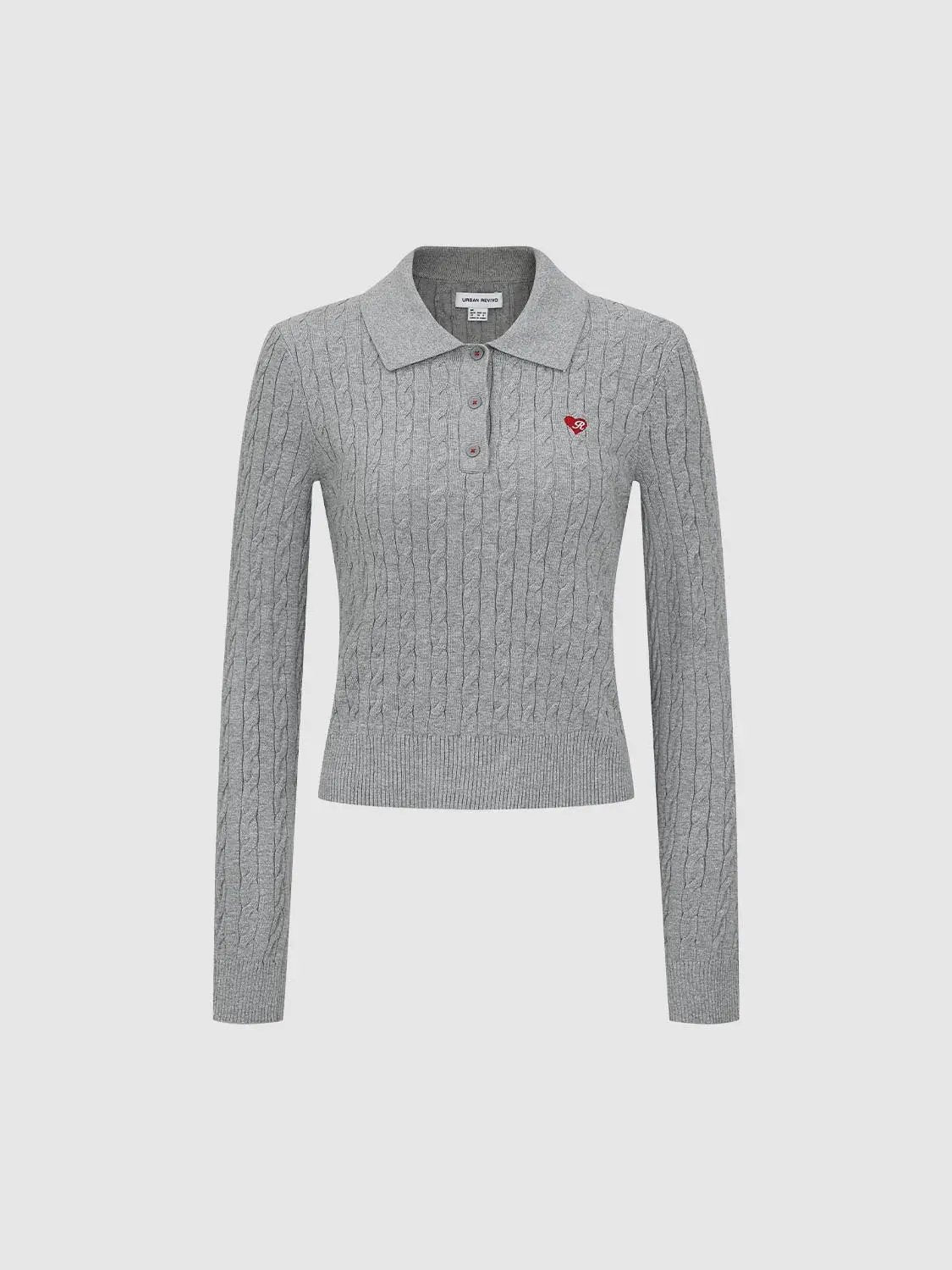 Cable Knit Long Sleeve Polo Collar Cotton Blend Sweater