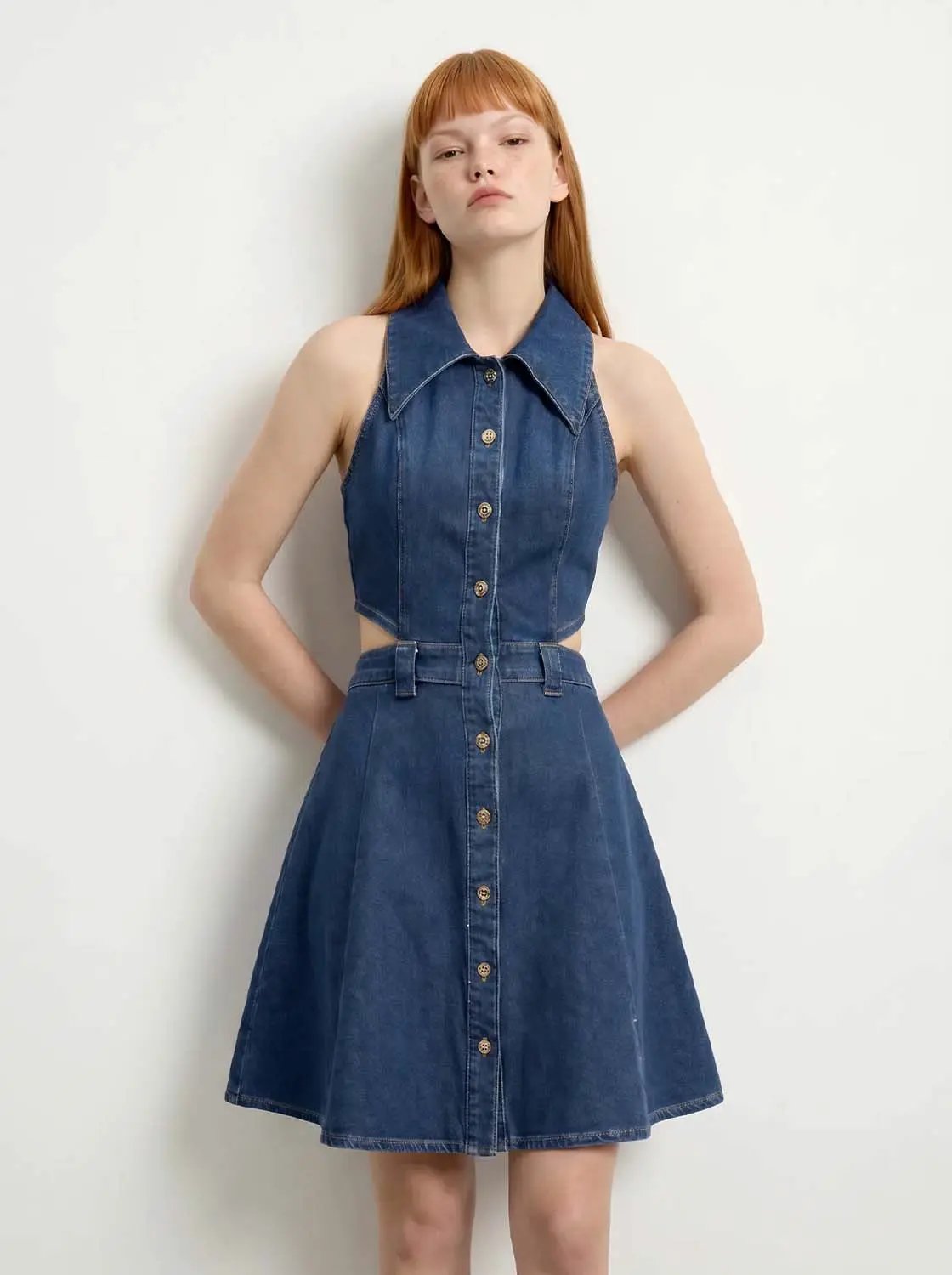 Sleeveless Shirt Collar Cutout Button Front Mini Denim Dress