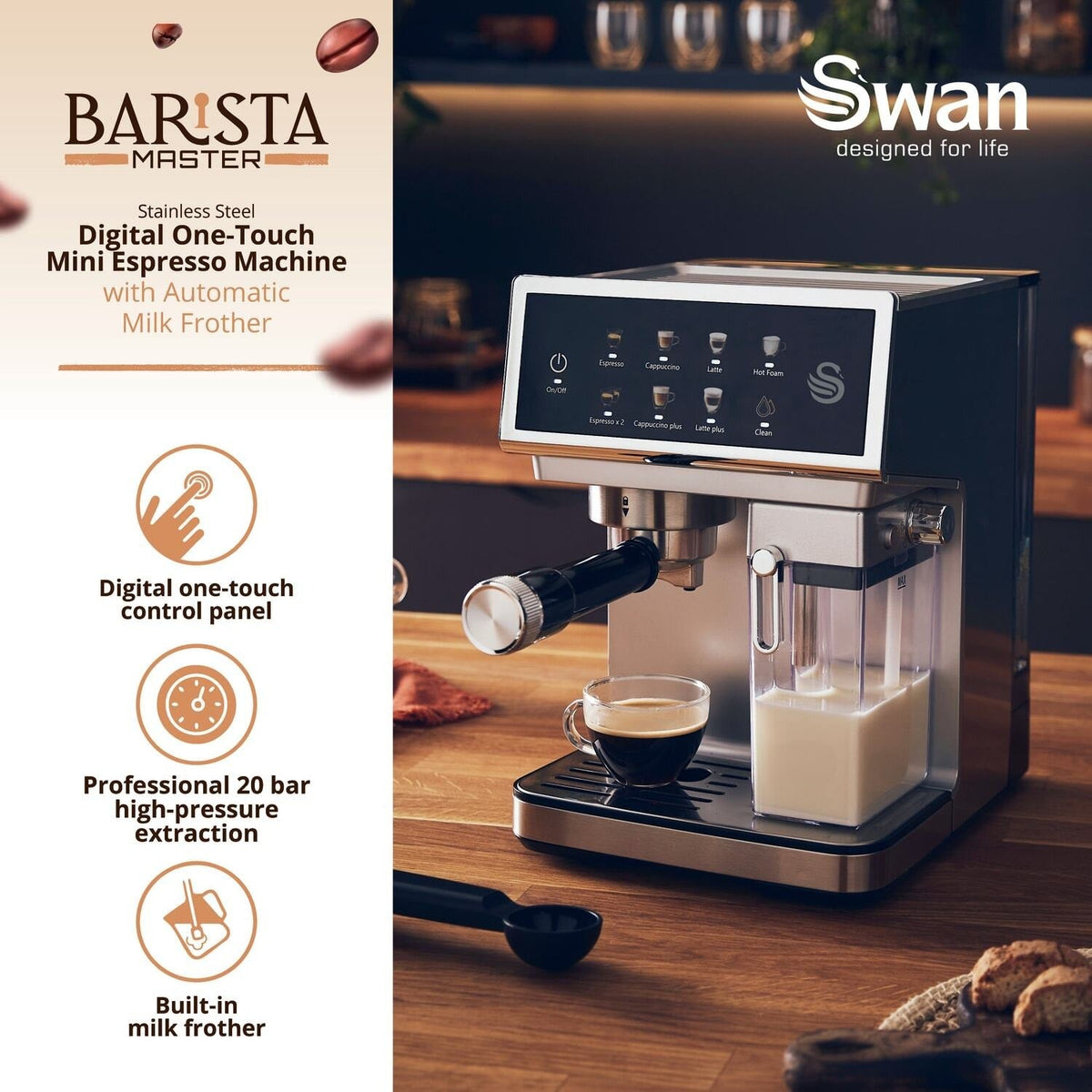 Swan Digital One-Touch Espresso Coffee Machine with Automatic Milk Frother