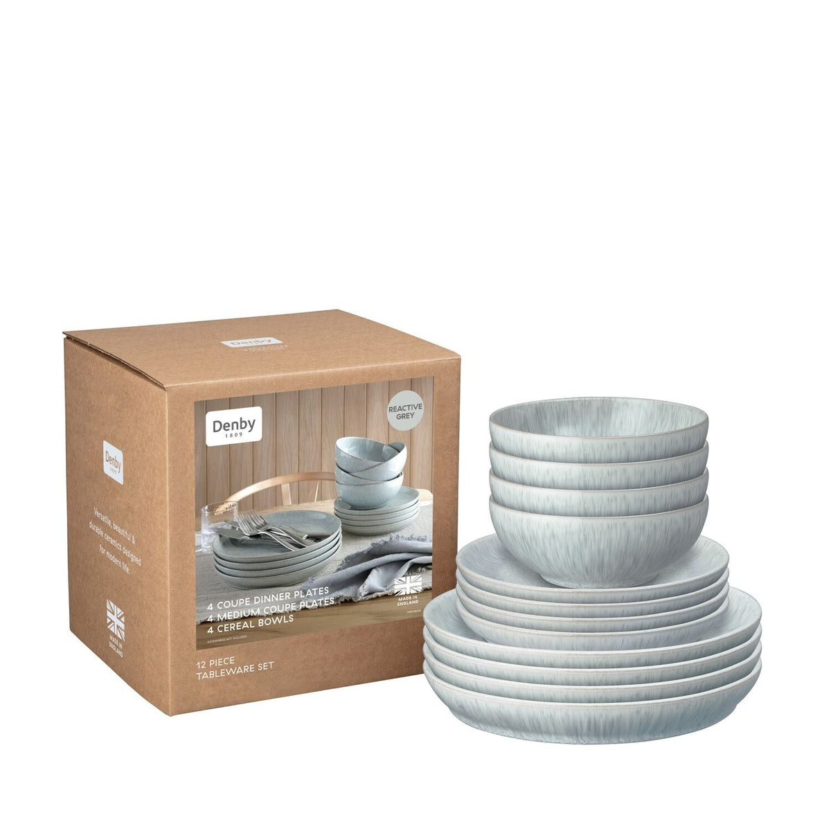 Denby Reactive Grey Coupe - 12 Piece Dinner Set