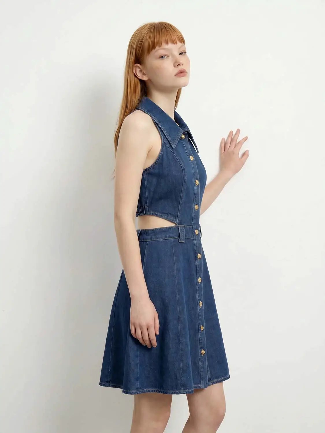 Sleeveless Shirt Collar Cutout Button Front Mini Denim Dress