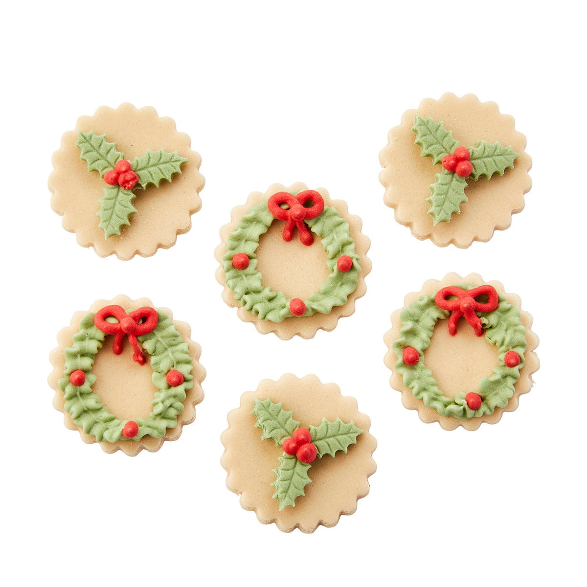 6 Wreath and Holly Mix Sugarcraft Cake Toppers