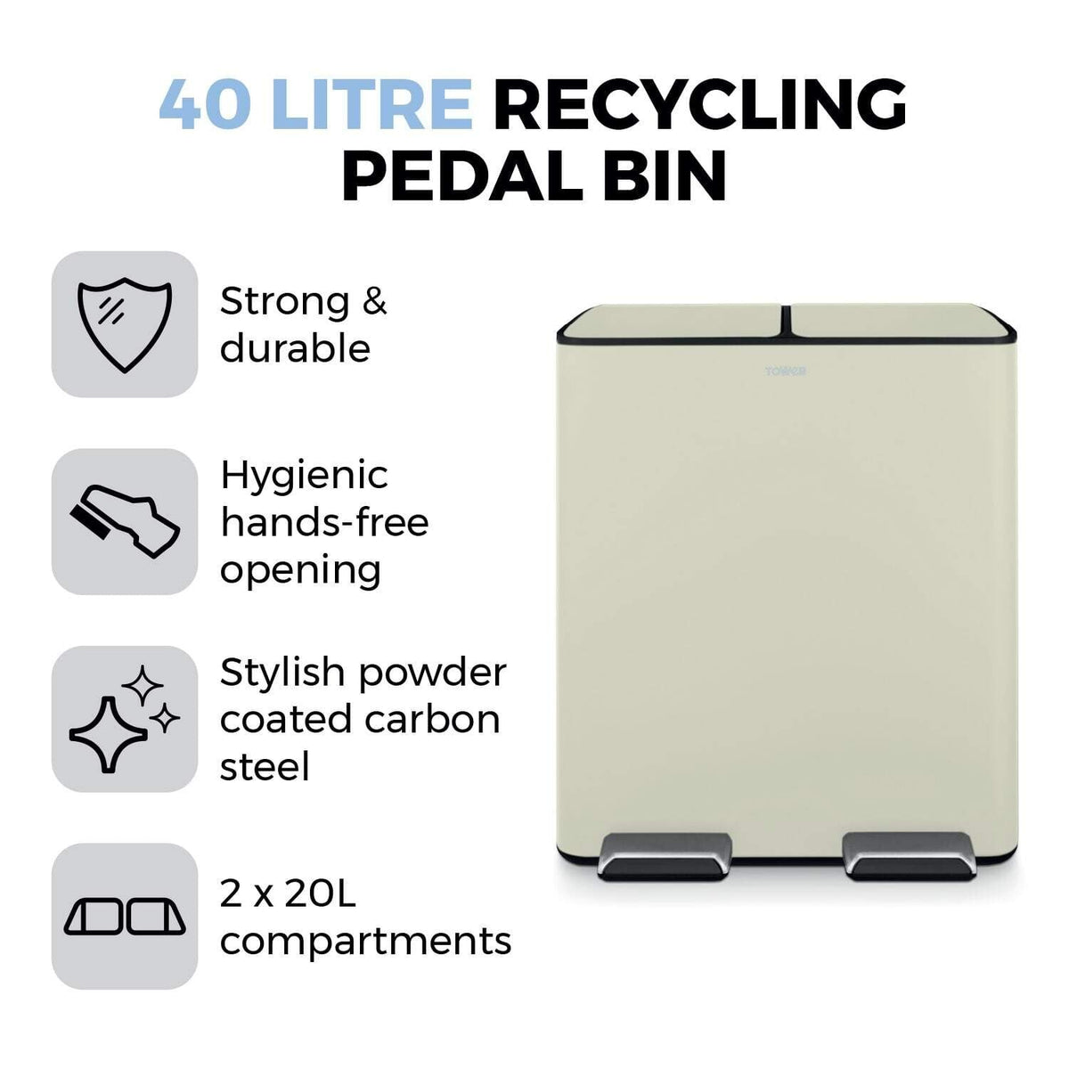 Tower 40L Recycling Pedal Bin - Cream