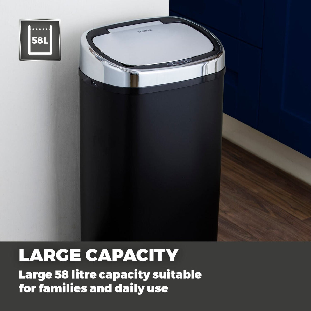 Tower 58L Square Sensor Bin - Black