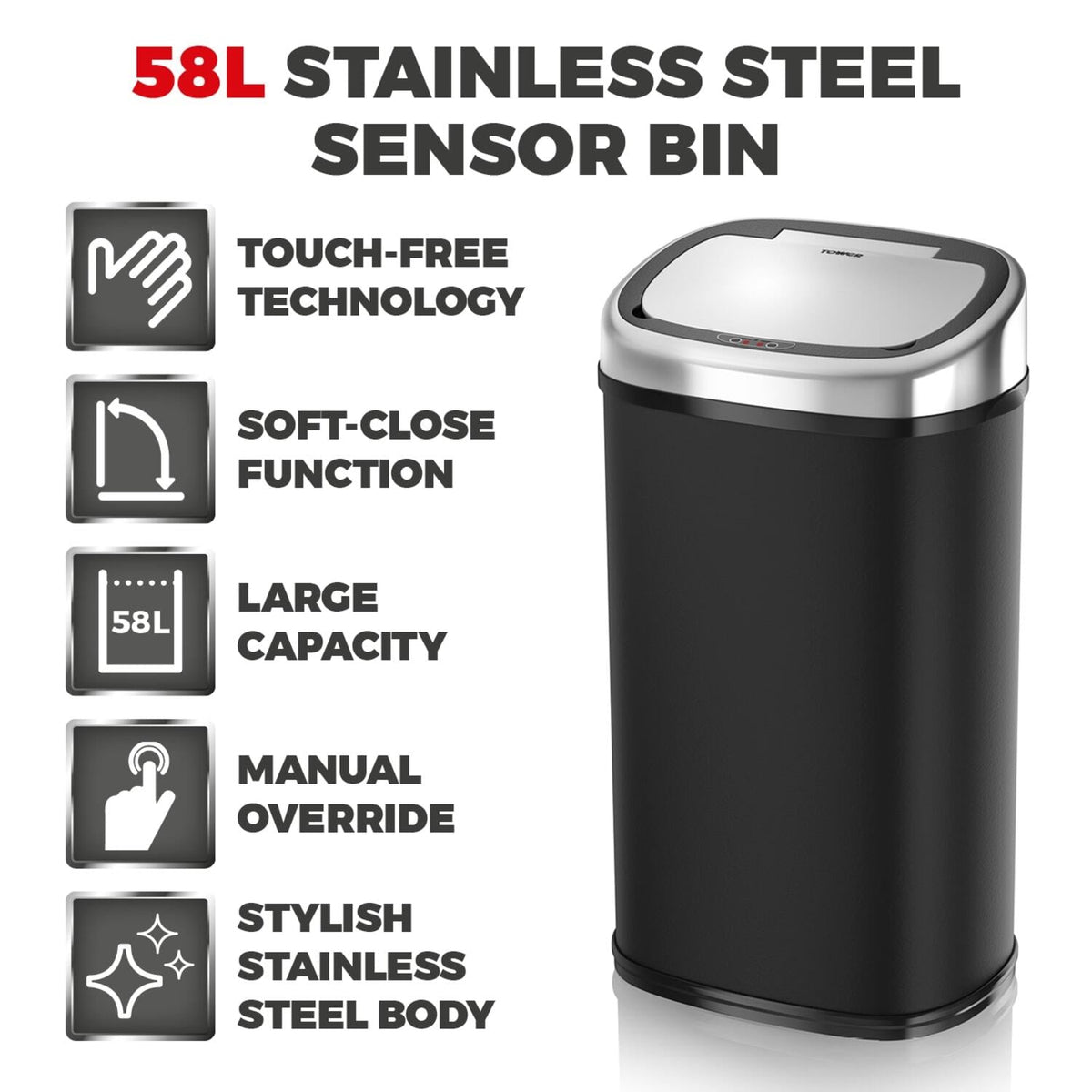Tower 58L Square Sensor Bin - Black