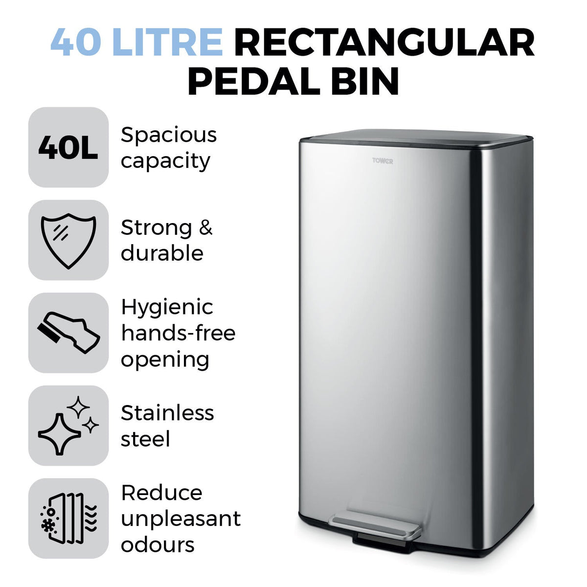 Tower 40L Rectangular Pedal Bin - Silver