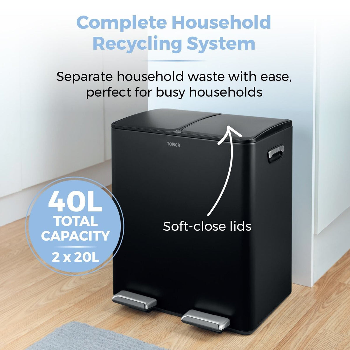 Tower 40L Recycling Pedal Bin - Black