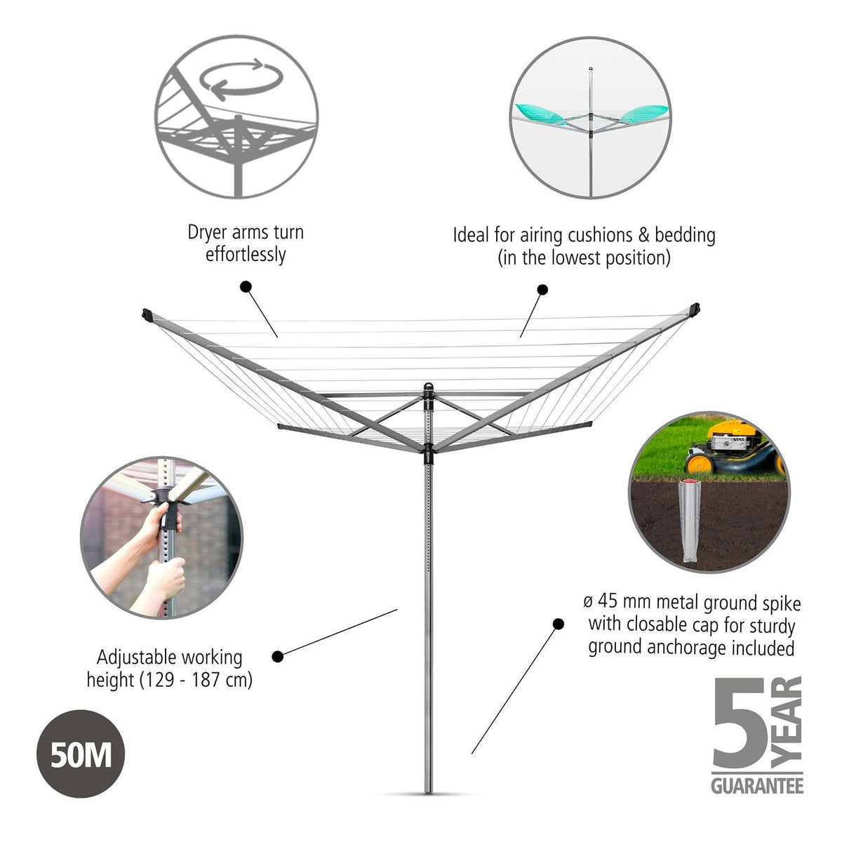 Brabantia 50m Lift-O-Matic Rotary Airer with Ground Spike