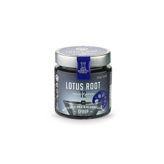 Lotus Root Slices in Butterfly Pea and Elderflower Cocktail Syrup