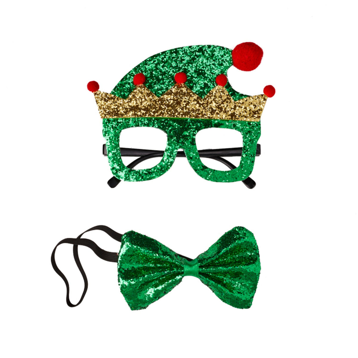 Glittery Elf Funglasses and Bow Tie Christmas Accessories