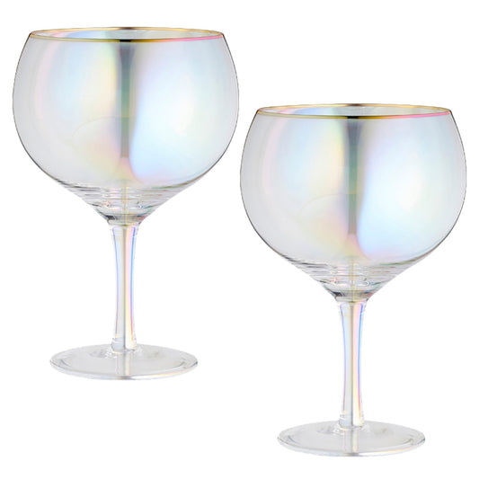 2 Iridescent Gin Balloon Glasses with Gold Rims 750ml