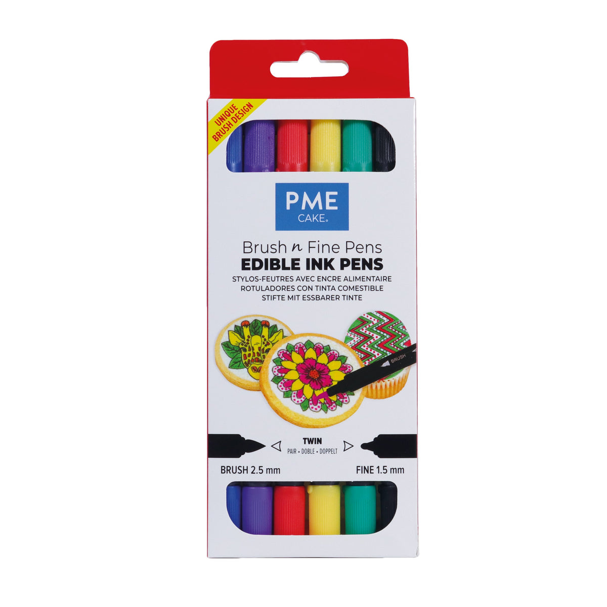 6 PME Brush N Fine Edible Ink Pens with Bold Colours