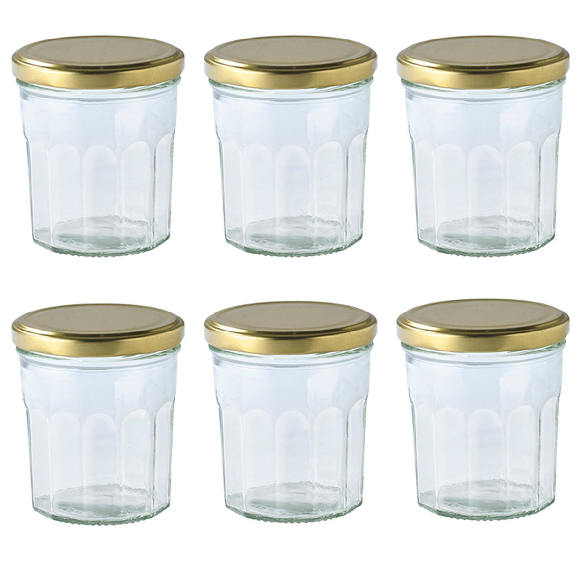 6 Faceted Small Glass Jam Jars with Lids 324ml
