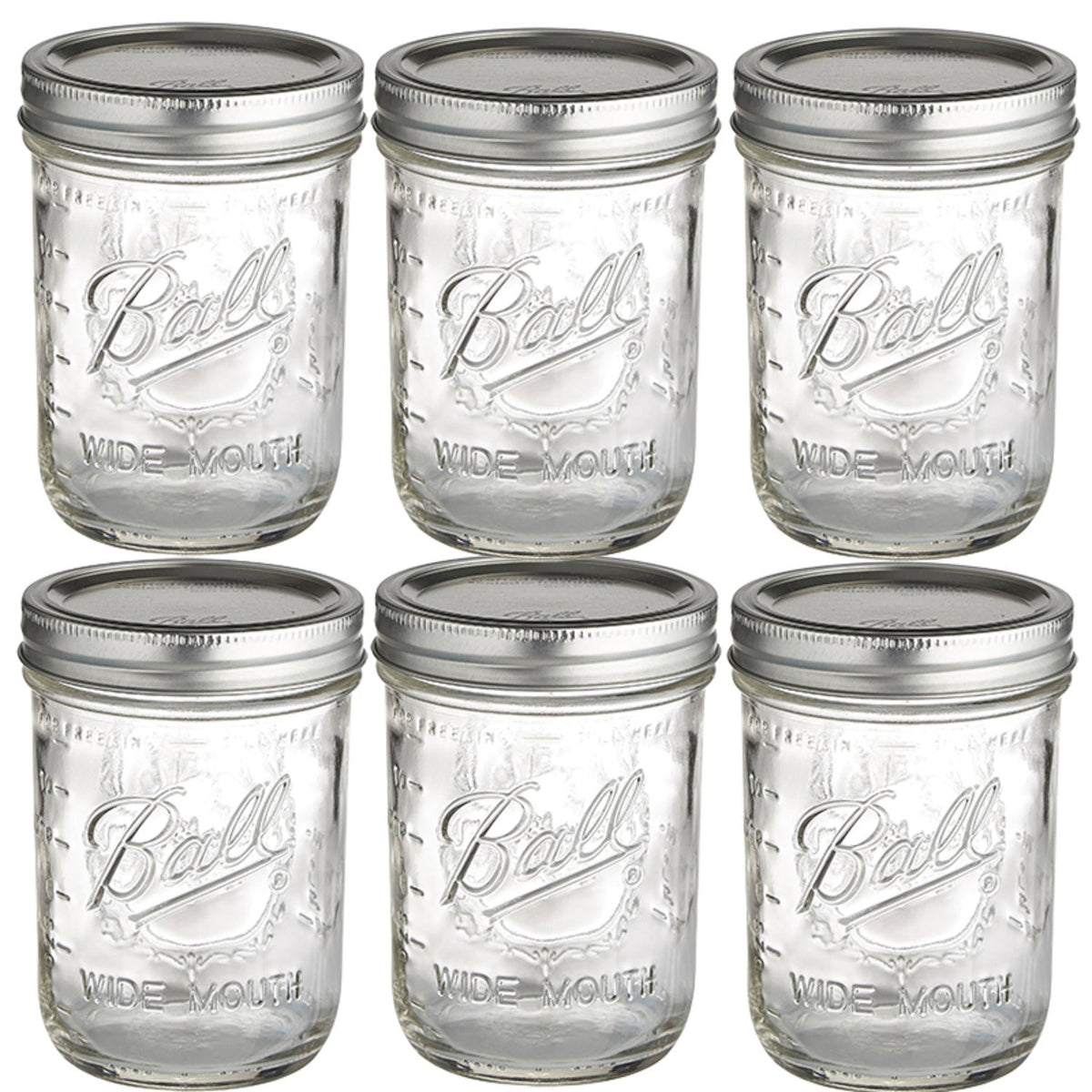 6 Ball Wide Mouth Embossed Glass Jam Jars and Lids 473ml