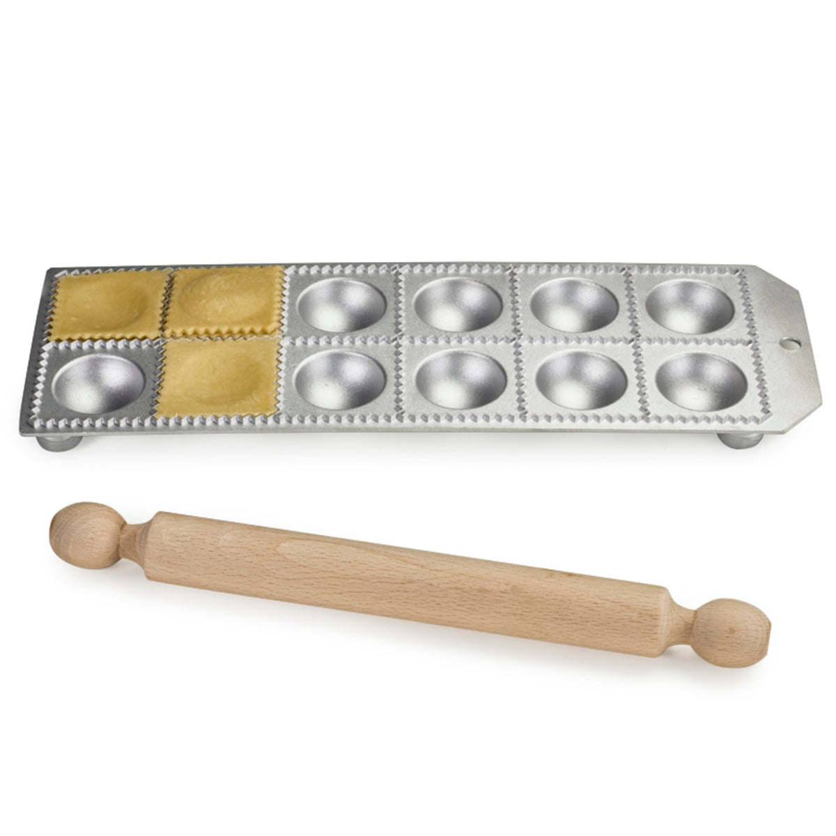Eppicotispai Cast Aluminium Ravioli Tray with Rolling Pin