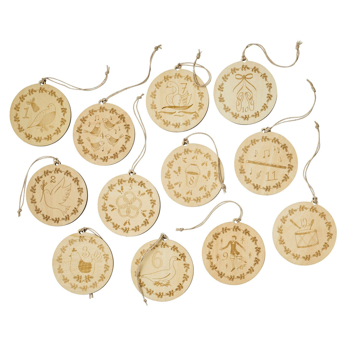 12 Days of Christmas 12 Wooden Decorations