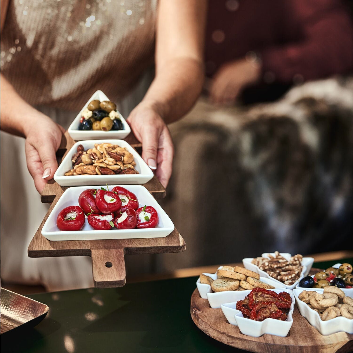 Christmas Tree Shaped Wooden Platter with Serving Bowls