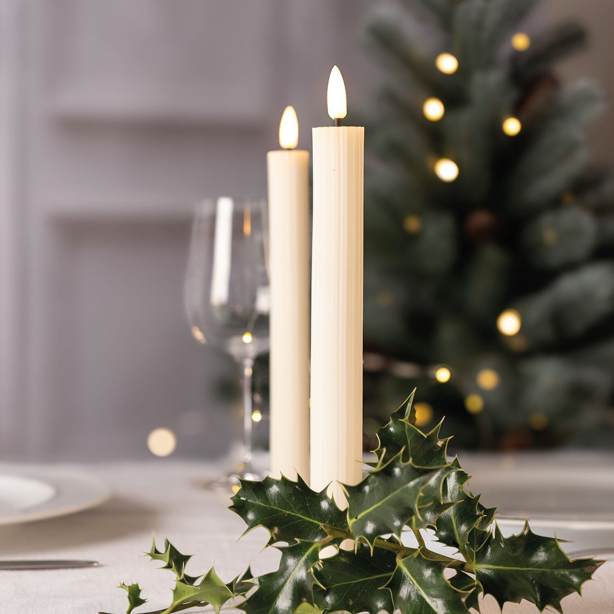 Lakeland Cream Ribbed LED Taper Candles – Set of 2