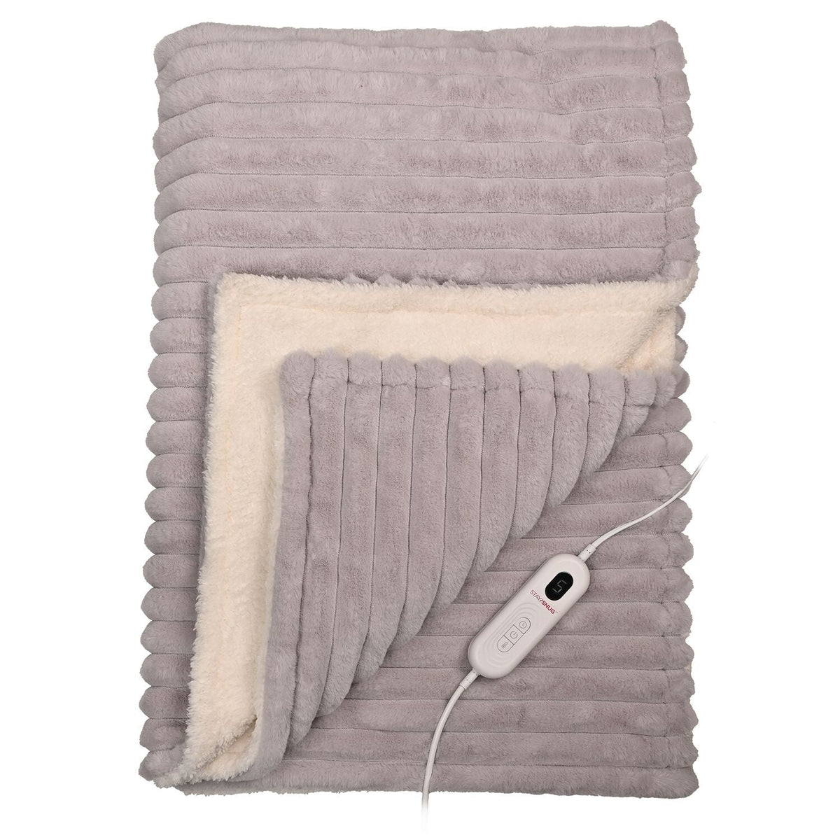 StaySnug Grey Striped Faux Fur Sherpa Heated Throw