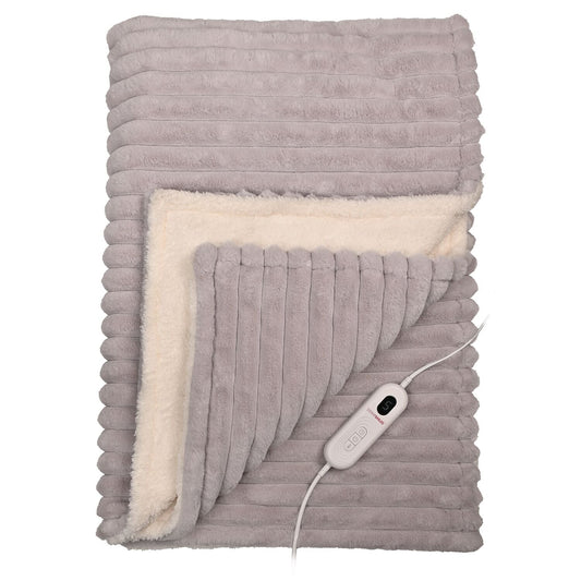 StaySnug Grey Striped Faux Fur Sherpa Heated Throw