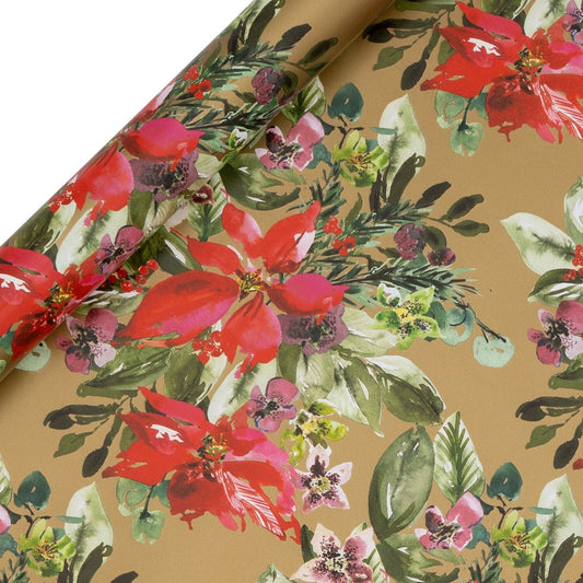 Glick Plush Poinsettia Gold Wrapping Paper 4m