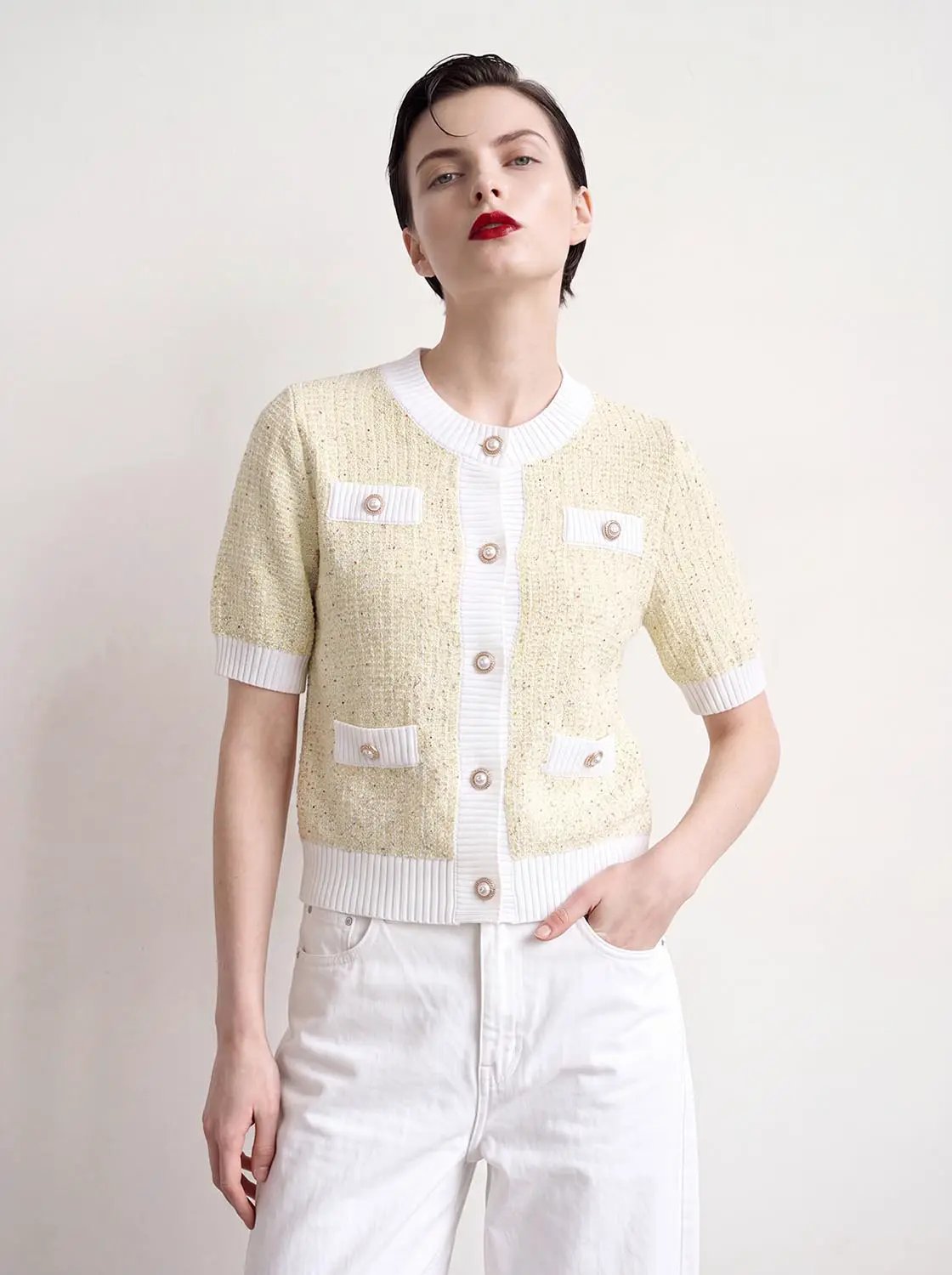 Textured Weave With Contrast Trim Cardigan