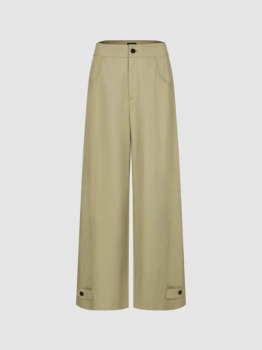 High Waist Button Cuff Pocket Decor Wide Leg Pants