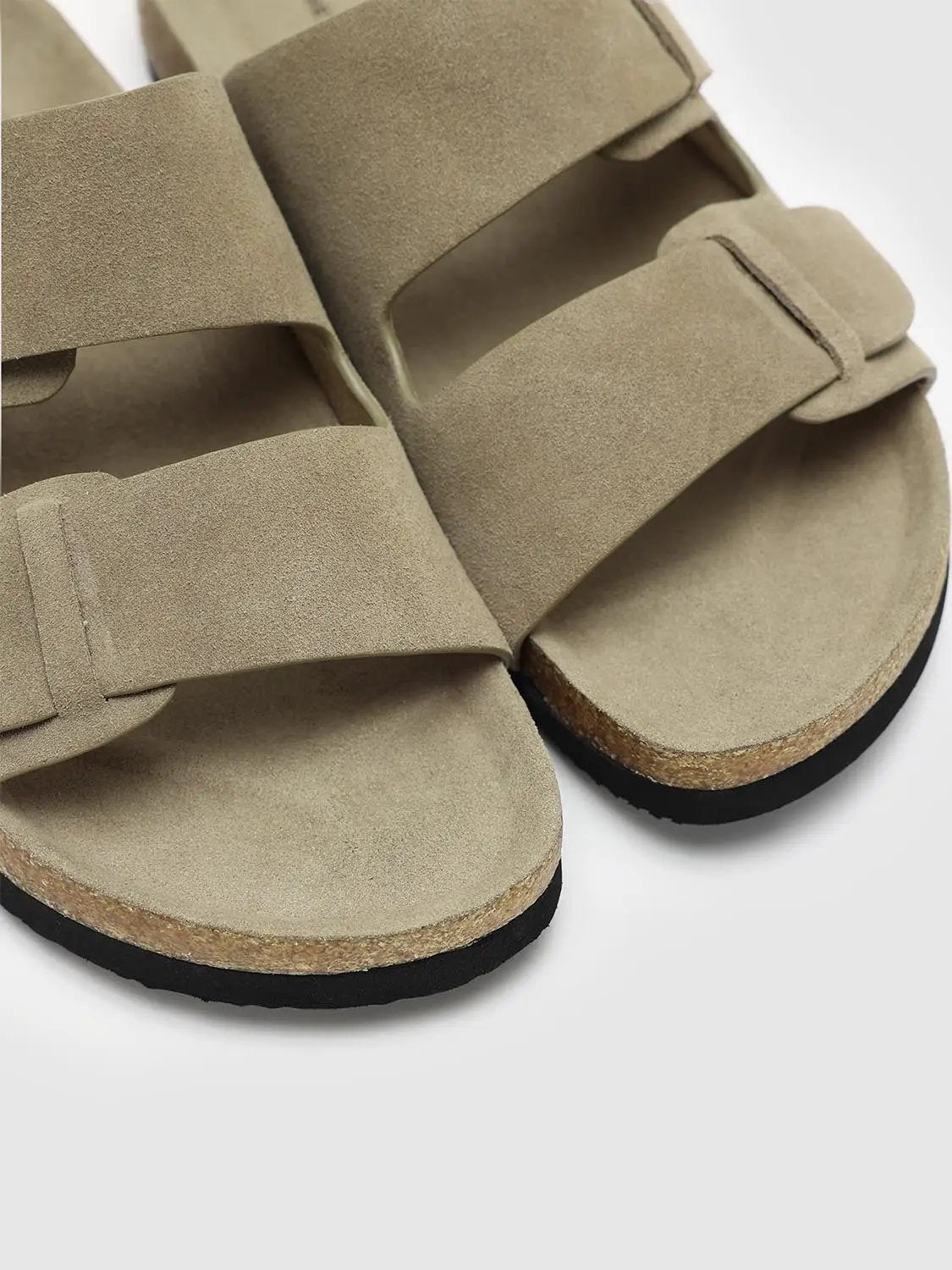 Two Strap Split Leather Upper Cork Footbed Sandals Slippers