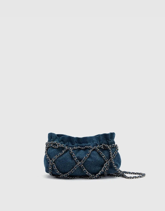 Ruched Textured Chain Strap Denim Shoulder Bag