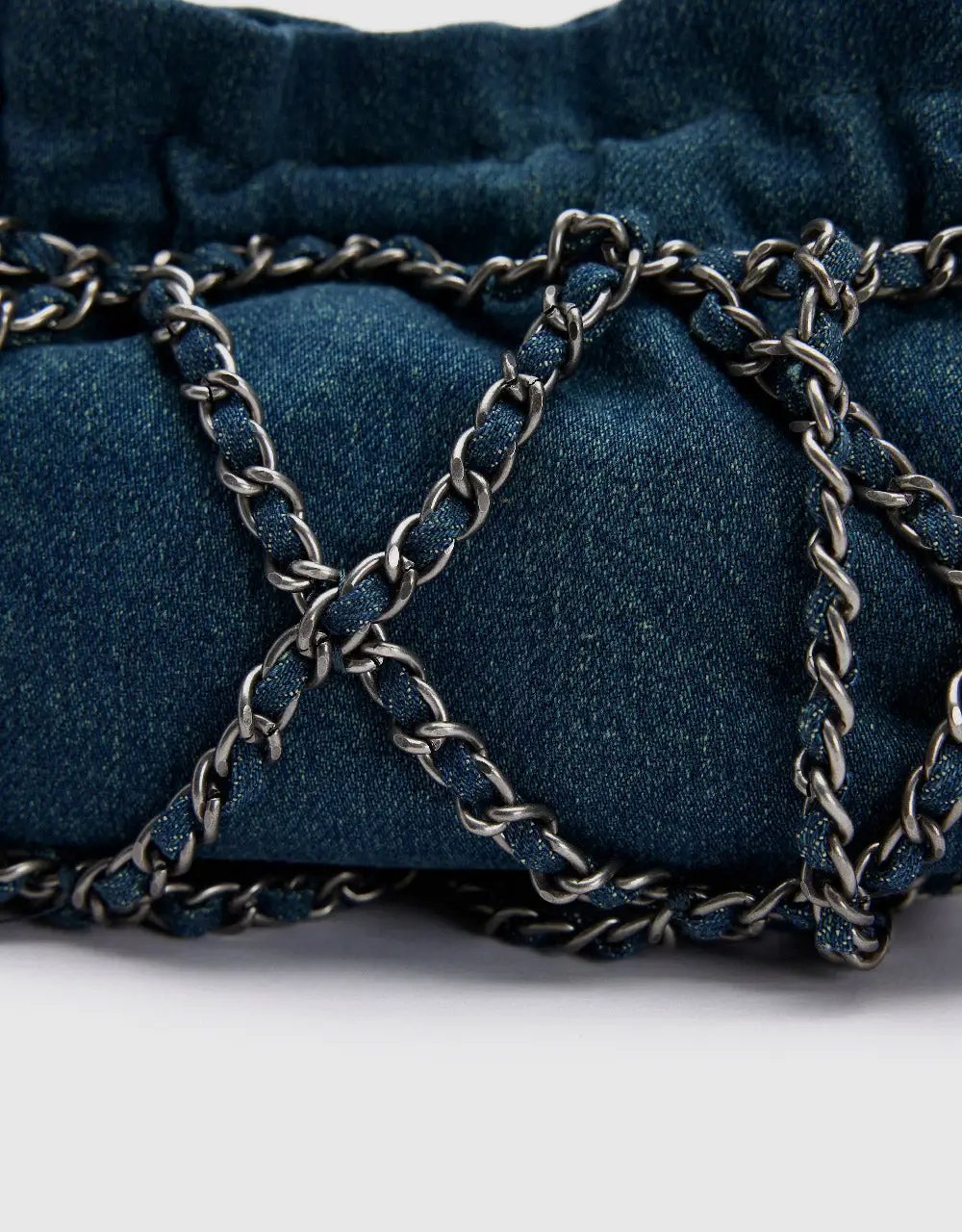 Ruched Textured Chain Strap Denim Shoulder Bag
