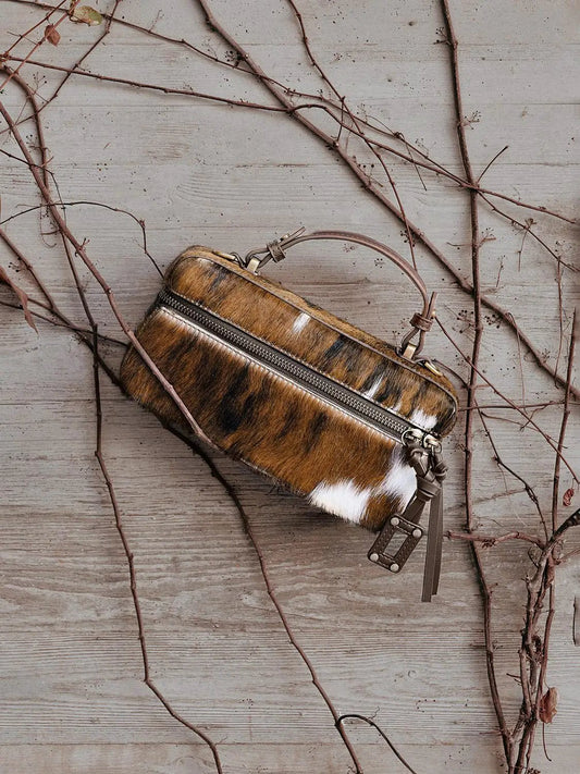 Zipped Closure Mini Size Fluffy Bovine Fur Shoulder Hand Bag